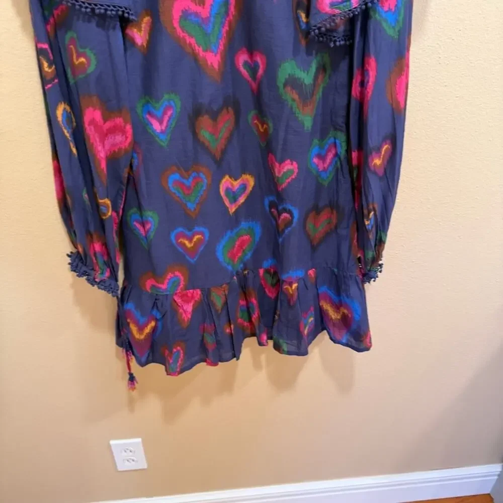 Farm Rio Blue Pink Beaded Tassled Hearts Long Sleeve Mini Dress XS